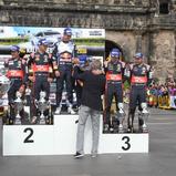 ADAC Rallye Deutschland, Siegerehrung, Dani Sordo, Marc Marti, Hyundai Motorsport, Sebastien Ogier, Julien Ingrassia, Volkswagen Motorsport, Thierry Neuville, Nicolas Gilsoul, Hyundai Motorsport, ADAC Präsident Hermann Tomczyk