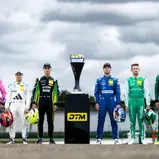 Die DTM-Titelkandidaten Matteo Cairoli, Lucas Auer, Thomas Preining, Maro Engel, Marco Wittmann und Nicki Thiim (l-r)