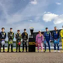 Die Titelkandidaten der DTM 2025: Marco Wittmann, Jack Aitken, Thomas Preining, Ayhancan Güven, Jordan Pepper, Lucas Auer, Maro Engel, René Rast und Jules Gounon (l-r)