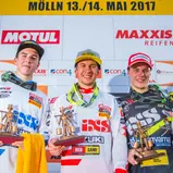 ADAC MX Masters, Mölln, Siegerehrung, v.l.n.r.: Hunter Lawrence ( Australien / Suzuki / Team Suzuki World MX2 ), Jeremy Seewer ( Schweiz / Suzuki / Team Suzuki World MX2 ) und Henry Jacobi ( Deutschland / Husqvarna / STC Racing )