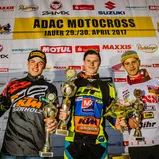 ADAC MX Masters, Jauer, Siegerehrung beim ADAC MX Youngster Cup v.l.n.r.: Tom Koch ( Deutschland / KTM / KTM Sarholz Racing Team ), Richard Sikyna ( Slowakei / KTM / MX Slovakia ) und Zachary Pichon ( Frankreich / Suzuki / Team Suzuki World MX2 )
