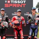 Das Sprint-Podium der MotoGP: Marco Bezzecchi, Marc Marquez und Fabio Quartararo (l-r)