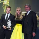 ADAC SportGala 2015, Andreas Seidl, Teamchef Porsche Team, Moderatorin Julia Josten und ADAC Sportpräsident Hermann Tomczyk