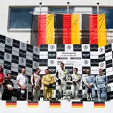 ADAC GT Masters, Nürburgring, Podium, Claudia Hürtgen, Dominik Baumann, Toni Seiler, Jeroen Bleekemolen, Max Sandritter, Jörg Müller