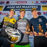 ADAC MX Masters 2019, ADAC MX Masters Mölln, Siegerehrung beim ADAC MX Youngster Cup v.l.n.r.: Mikkel Haarup ( Dänemark / Husqvarna / Rockstar IceOne Husqvarna Factory Racing ), Jeremy Sydow ( Deutschland / Husqvarna / DIGA-Procross Husqvarna ) und Bastia
