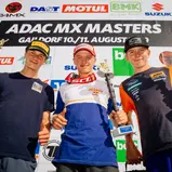 ADAC MX Masters 2019 , ADAC MX Masters Gaildorf, Tagessiegerehrung beim ADAC MX Junior Cup 125ccm v.l.n.r.: Simon Längenfelder ( Deutschland / KTM / WZ-Racing ), Mike Gwerder ( Schweiz / KTM / KINI KTM Junior Pro Team ) und Camden McLellan ( Südafrika / K