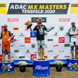 ADAC MX Masters 2020, Tensfeld, Meisterehrung v.l.n.r.: Tom Koch (Deutschland/KTM/KTM Sarholz Racing Team), Jordi Tixier (Frankreich/KTM/KTM/Sarholz Racing Team), Karlis Sabulis (Lettland/KTM/WZ-Racing KTM) beim ADAC MX Masters