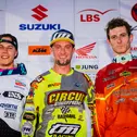 ADAC MX Masters, Fürstlich Drehna, Henry Jacobi ( Deutschland / Husqvarna / STC Racing ) beim ADAC MX Masters, Maximilian Nagl ( Deutschland / TM Racing ) und Jeffrey Dewulf ( Belgien / KTM / Motorshop Desmet-KTM )
