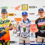 Tageswertung beim ADAC MX Junior Cup 125ccm v.l.n.r: Janis Martins Reisulis ( Lettland / KTM / Hamstra MX Team ), Ivano Van Erp ( Niederlande / Yamaha / SHR Motorsports ) und Karlis Alberts Reisulis ( Lettland / Yamaha / Yamaha Europe MX125 MJC )