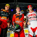 ADAC MX Masters 2018 , ADAC MX Masters Holzgerlingen  Tagessiegerehrung beim ADAC MX Masters v.l.n.r.: Jordi Tixier ( Frankreich / KTM ), Hunter Lawrence ( Australien / Honda / KMP-Honda-Racing ) und Jeremy Delince ( Belgien / Honda / KMP-Honda-Racing )