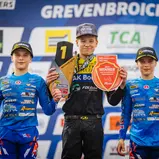 Das Podium das ADAC MX Junior Cup 85 (v.l.): Patriks Cirulis, Kenzo Jaspers, Martins Cirulis