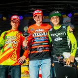 2018, Holzgerlingen, Tagessiegerehrung beim ADAC MX Junior Cup 85ccm v.l.n.r.: Nick Domann (Deutschland/KTM/Kosak Racing Team), Camden Mc Lellan (Südafrika/KTM/Kosak Racing Team) und Liam Everts (Belgien/KTM)