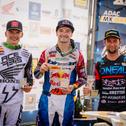 Das ADAC MX Masters-Podium (v. l.): Brent van Doninck, Jeffrey Herlings, Max Nagl