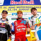 ADAC MX Masters, Gaildorf, Siegerehrung v.l.n.r.: Dean Ferris ( Husqvarna / Australien ), Maximilian Nagl ( Honda / Deutschland ) und Dennis Ullrich ( KTM / Deutschland )