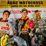 ADAC MX Masters, Jauer, Siegerehrung beim ADAC MX Masters, Hunter Lawrence (Team Suzuki World MX2 ), Dennis Ullrich (KTM Sarholz Racing Team ) und Christian Brockel (KTM GST Berlin )