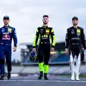 Ein Trio kämpft um die DTM-Meistertrophäe: Kelvin van der Linde, Mirko Bortolotti und Maro Engel (l-r)