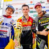 ADAC MX Masters 2018 , Möggers, Tageswertung beim ADAC MX Masters v.l.n.r.: Jeremy Seewer (Schweiz/Yamaha/Wilvo Yamaha Official MXGP Team), Bence Szvoboda (Ungarn/KTM/HTS Team) und Jens Getteman (Belgien/Kawasaki/Monster Energy Kawasaki Elf Team Pfeil)