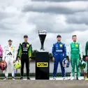 Die DTM-Titelkandidaten Matteo Cairoli, Lucas Auer, Thomas Preining, Maro Engel, Marco Wittmann und Nicki Thiim (l-r)