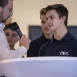 Moderator Swen Wauer im Gespräch mit Dirk Geiger, Motorrad-Pilot der ADAC Stiftung Sport im Förderkader 2018, Essen Motor Show
