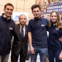 (l.-r.): Tobias Braun (Beifahrer Nico Knacker), FIA Präsident Jean Todt, Roman Schwedt, Lilly Zug bei der Präsentation des Förderkaders 2019, ADAC Stiftung Sport, Essen Motor Show