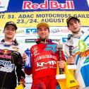 ADAC MX Masters, Gaildorf, Siegerehrung v.l.n.r.: Dean Ferris ( Husqvarna / Australien ), Maximilian Nagl ( Honda / Deutschland ) und Dennis Ullrich ( KTM / Deutschland )